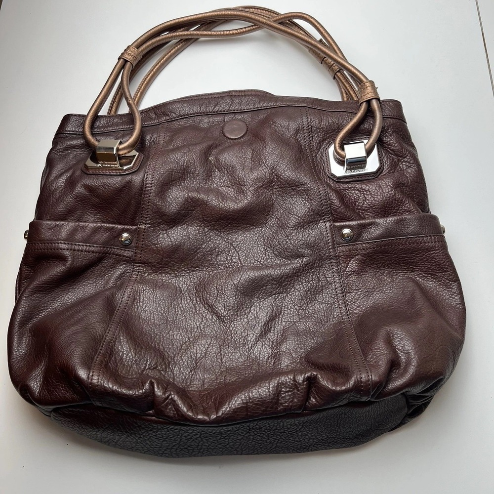 B. Makowsky Dark Plum-Brown Leather Hobo Belted Double Bronze Strap Shoulder Bag